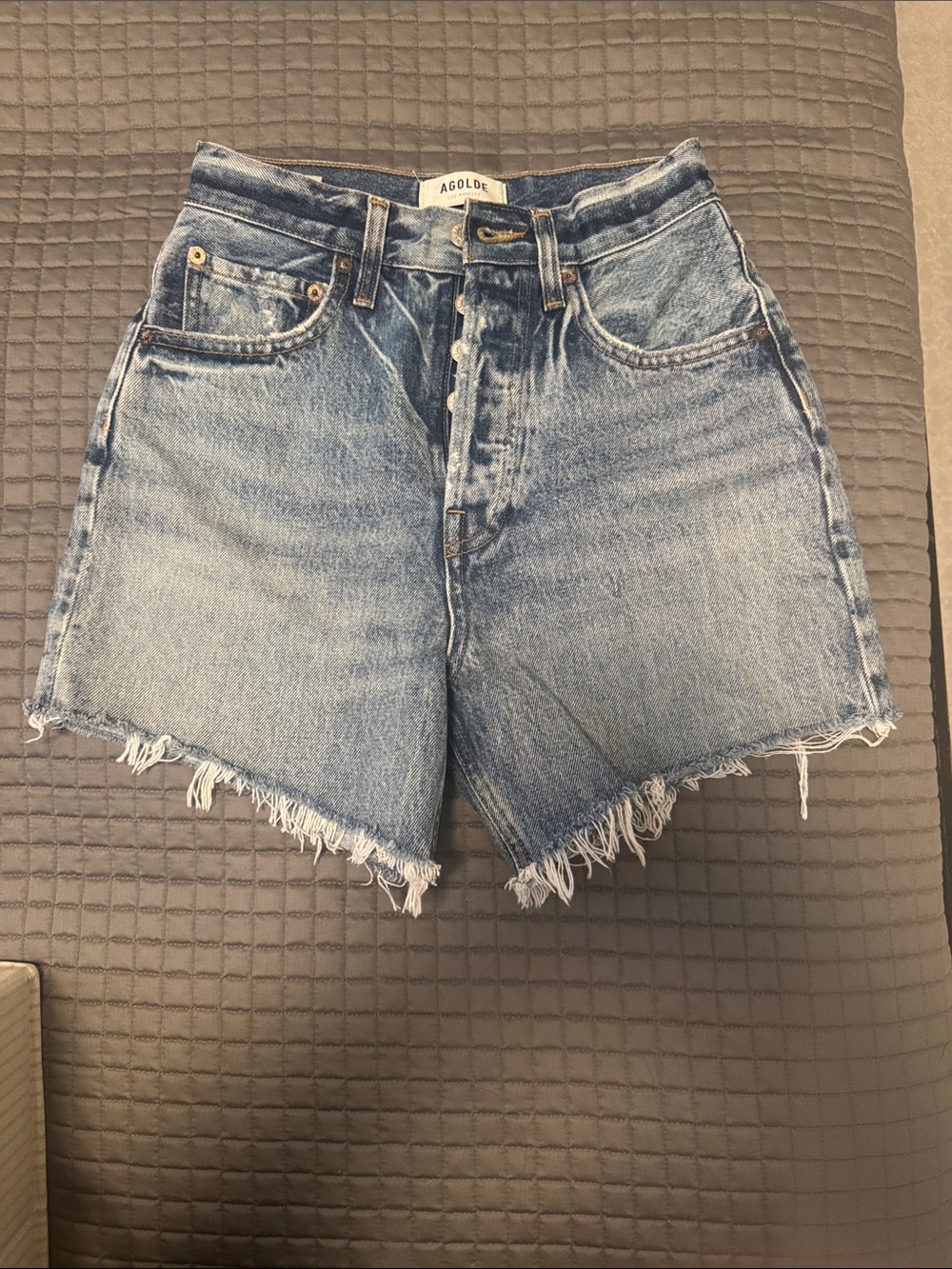 AGOLDE Riley Washed Blue High-Rise Frayed Denim Shorts